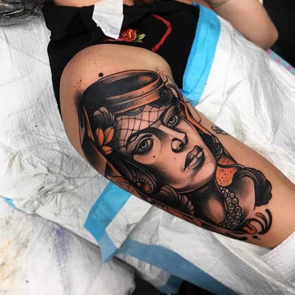 Male Arms Neo Traditional Lady Portrait Tattoo