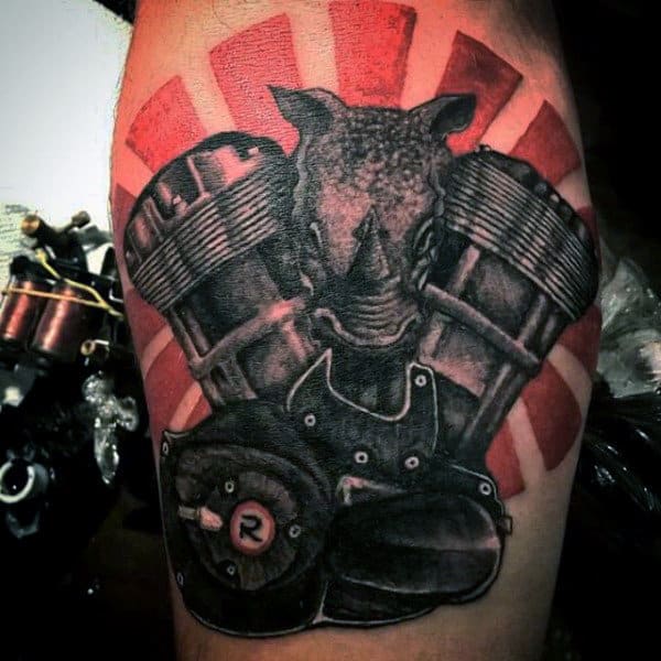 Male Arms Orange Pair Of Engines And Beast Tattoo