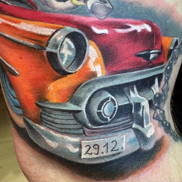 Male Arms Orange Reddish Hot Rod Tattoo