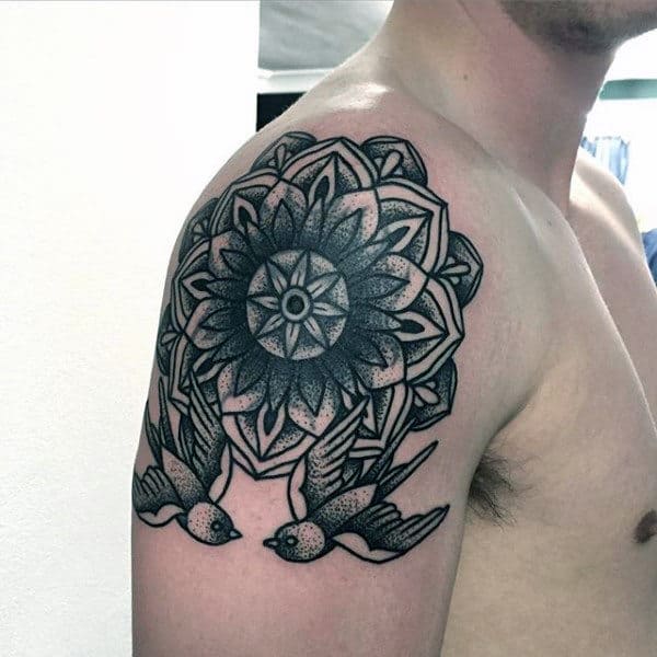 Male Arms Pair Of Birds And Floral Dotwork Tattoo