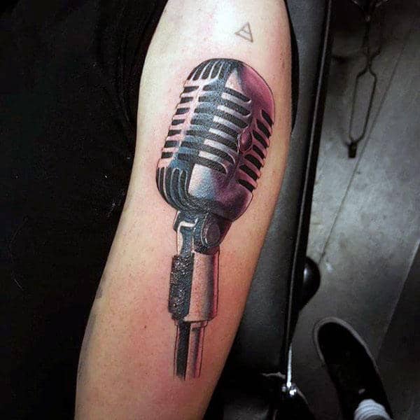 Male Arms Purple Tinted Metallic Microphone Tattoo