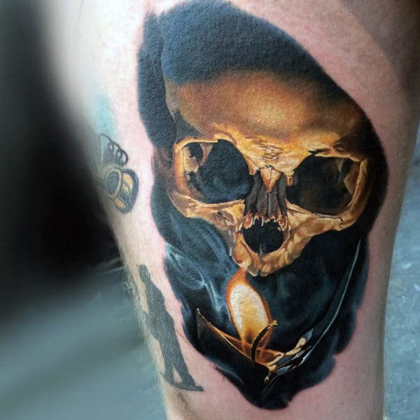 Male Arms Realistic Skull And Candle Flame Tattoo