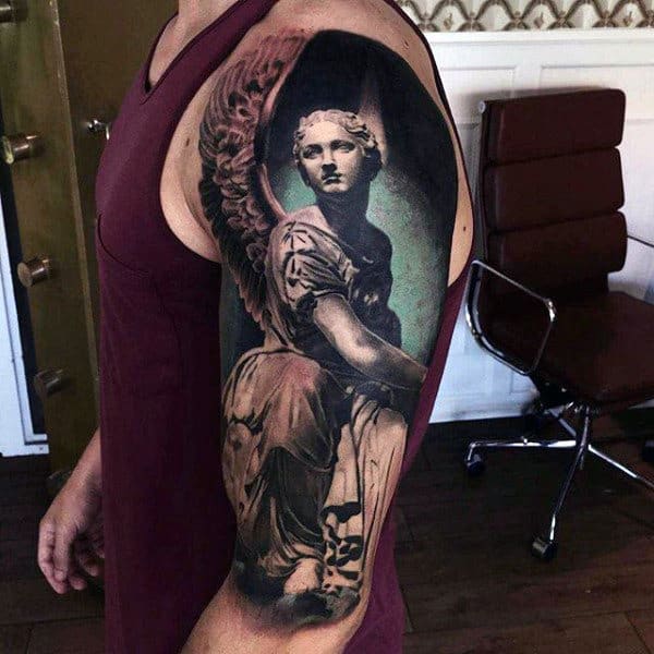 Male Arms Realistic Tattoo Of Medieval Period Woman