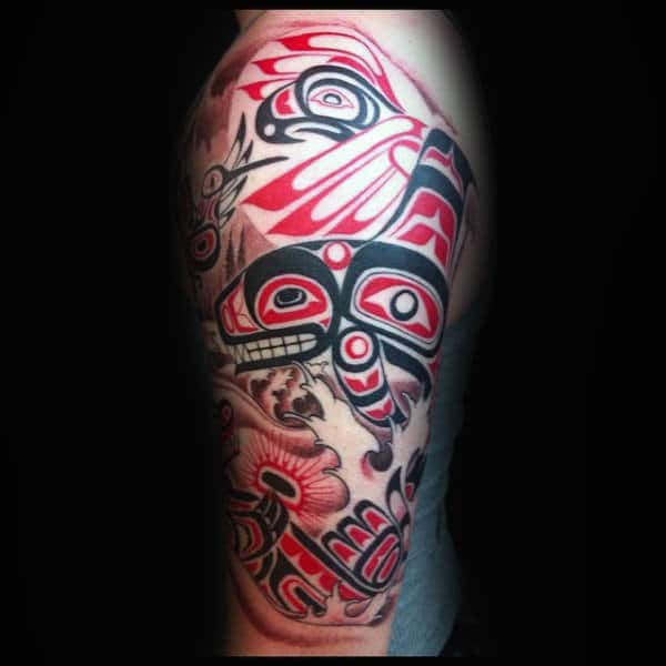 Male Arms Red And Black Haida Tattoo