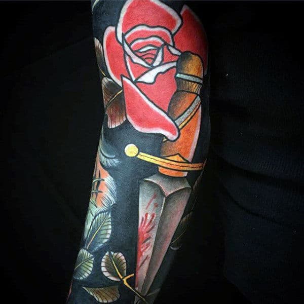 Male Arms Red Rose And Dagger Tattoo Ideas