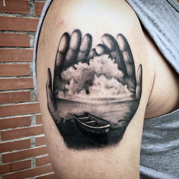 Male Arms Sick Hands With Boat Inside Tattoo