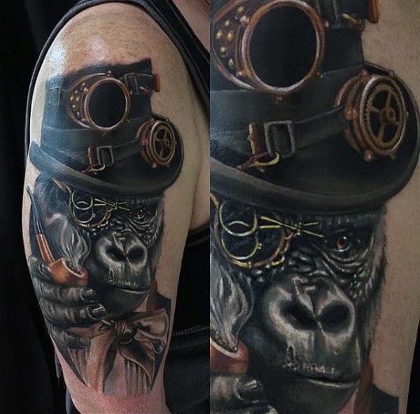 Male Arms Smoking Cool Gorilla Steampunk Tattoo