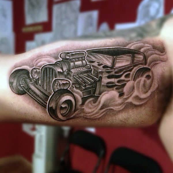 Male Arms Smoking Hot Rod Tattoo Design Idea Inspiration