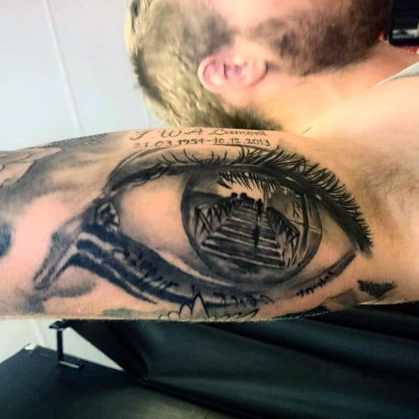 Male Arms Staircase Inside Eyeball Tattoo