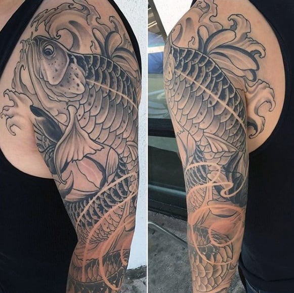Male Arowana Japanese Shaded Half Sleeve Tattoo Ideas