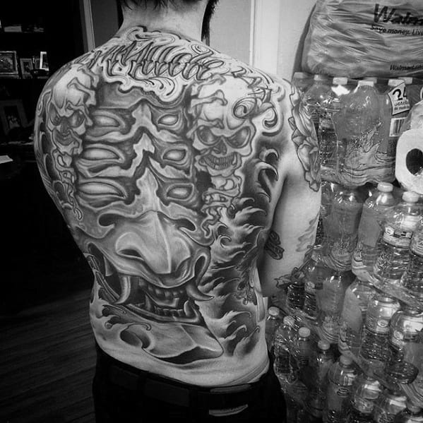 Male Awesome Demon Mask Back Tattoo Design Inspiration