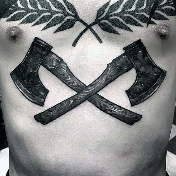 Male Axe Tattoo Design Inspiration On Stomach And Chest