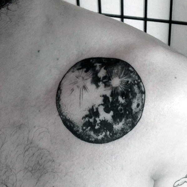 Male Back Black And White Astronomy Planet Tattoo