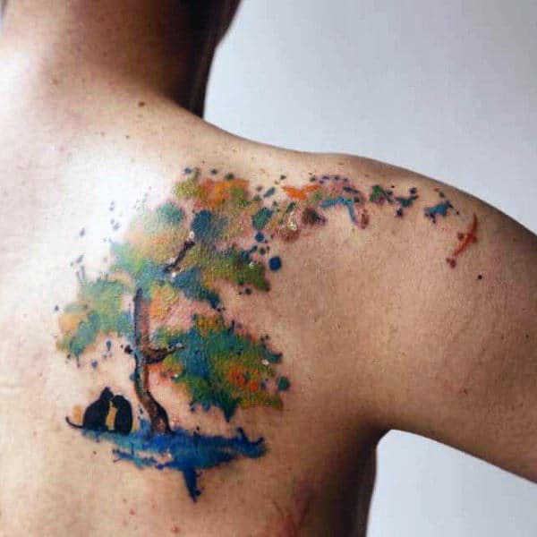 Male Back Cats And Watercolor Tree Tattoo