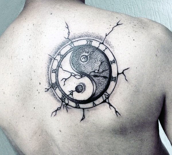 Male Back Clock Yin And Yang Tattoo Designs