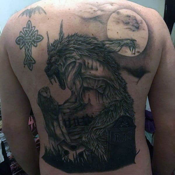 Male Back Ghostly Werewolf And Coffin Tattoo