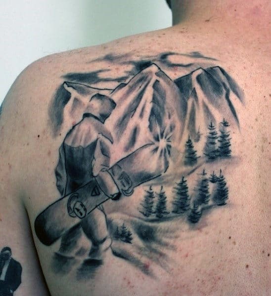 Male Back Grey Man With Snowboard Tattoo