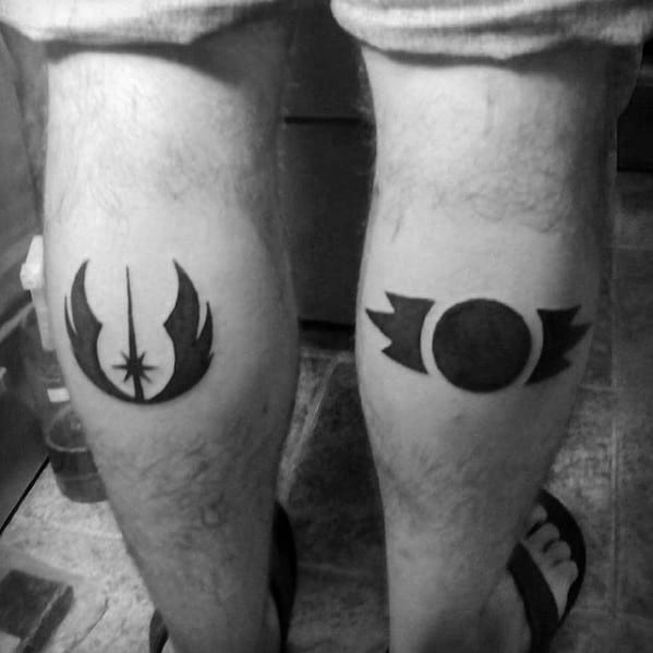 Matching calf tattoos with the Jedi Order symbol on the left leg and the Galactic Republic emblem on the right, both in solid black ink.