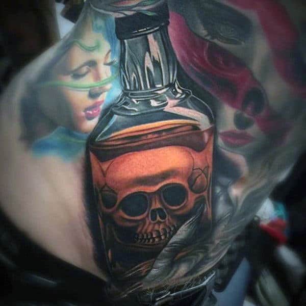 Male Back Realistic Skull Inside Glass Bottle Tattoo