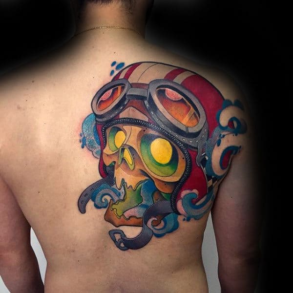 Male Back Skull With Underwater Gear New School Tattoo