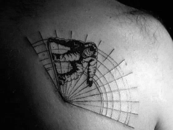 Male Back Snowboard With Fanned Lines Tattoo