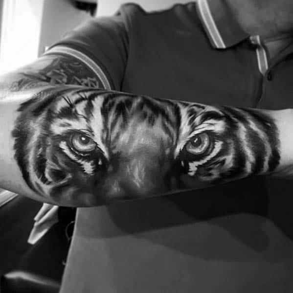 Male Badass Outer Forearm Realistic Tiger Tattoo