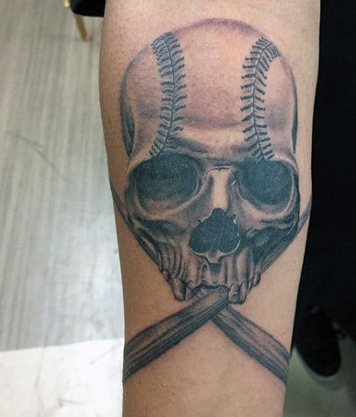 Male Baseball Bat And Skull Ball Tattoo