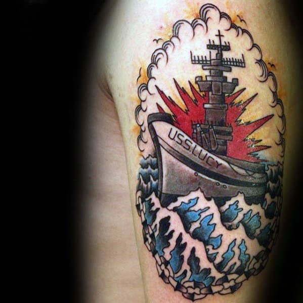 Colorful battleship tattoo with "USS LUCY" on arm, featuring ocean waves and explosion backdrop