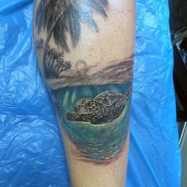 Male Beach Ocean Tattoos With Turtle On Leg