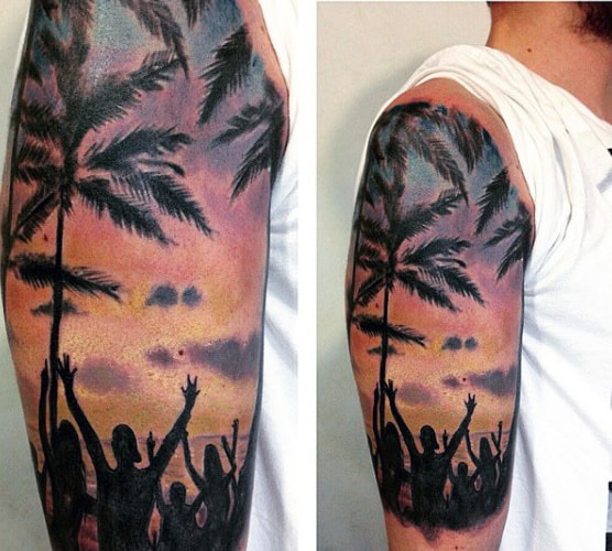 Male Beach Scene Ocean Tattoo Half Sleeve