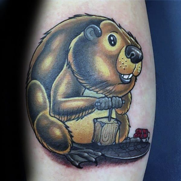 Cartoon beaver tattoo holding a mallet and sitting beside a toy log with berries, featuring bold outlines and warm brown shading.