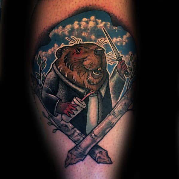Beaver tattoo in a suit holding a paintbrush and knife, framed by birch trees and a cloudy sky, blending surreal and whimsical themes.