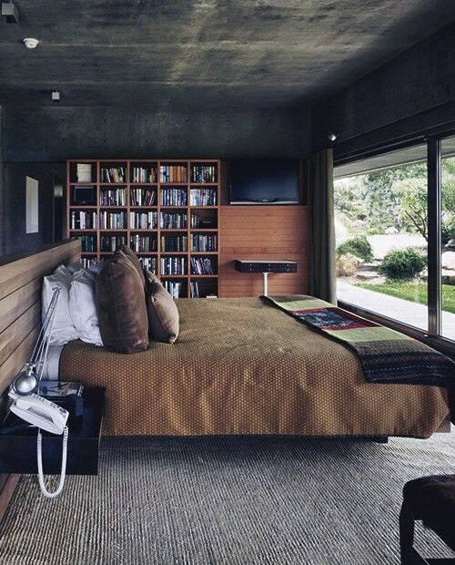 industrial modern bedroom with bookcase and garden view