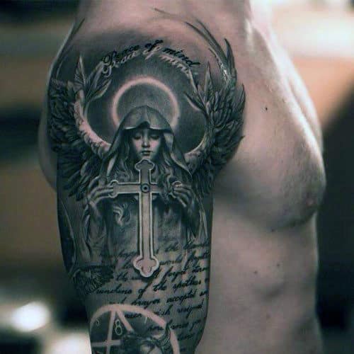 Male Bible Verse Tattoos Sleeve With Angel Holding Cross