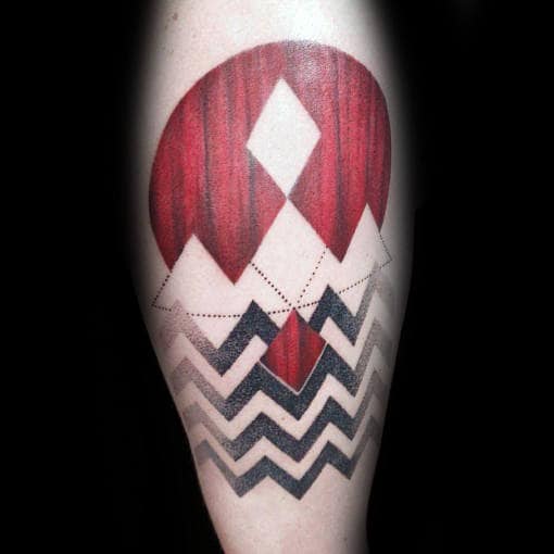 Male Black And Red Ink Pattern Twin Peaks Leg Tattoo Ideas