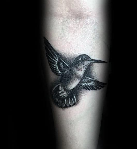 Male Black And White Ink Hummingbird Inner Forearm Tattoos For Guys