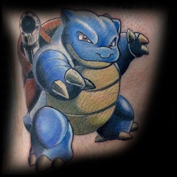 Realistic Blastoise tattoo with intense shading, lifelike textures, and a fierce stance highlighting its strength and determination.