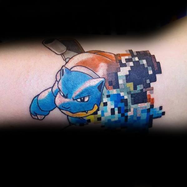 Unique Blastoise tattoo blending a modern design with pixel art, featuring a transition from smooth shading to 8-bit graphics.