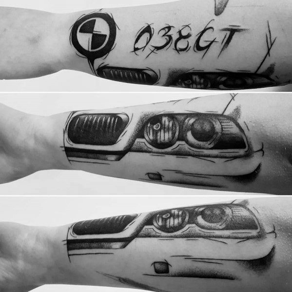 Bold BMW 3 Series GT tattoo on forearm, featuring detailed headlights, grille, and logo with dynamic shading for a sleek automotive design.