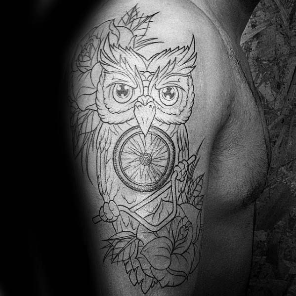 Male Bmx Owl With Handlebars Arm Tattoo With Old School Design