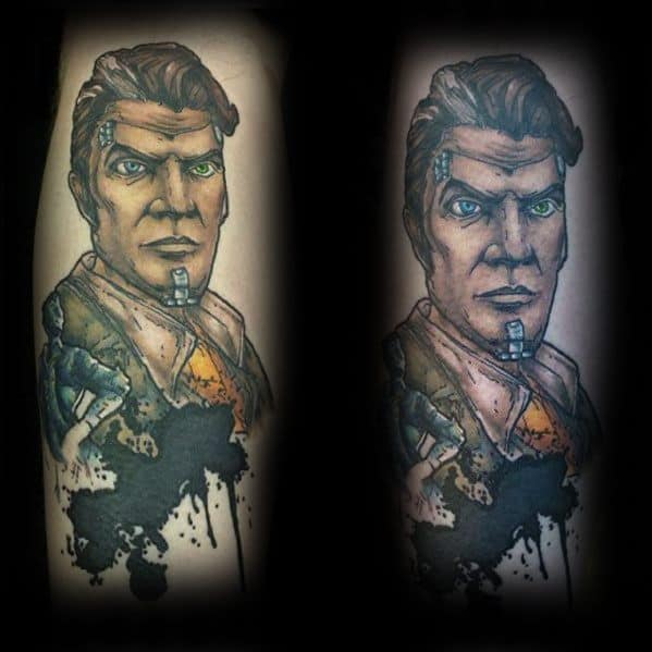 Realistic Handsome Jack tattoo with piercing green eyes, grunge splatter base, and dark shading for a bold and intense look.