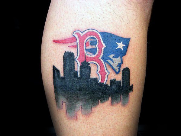 Male Boston Red Sox Tattoo Leg Calf With Black Ink City Skyline