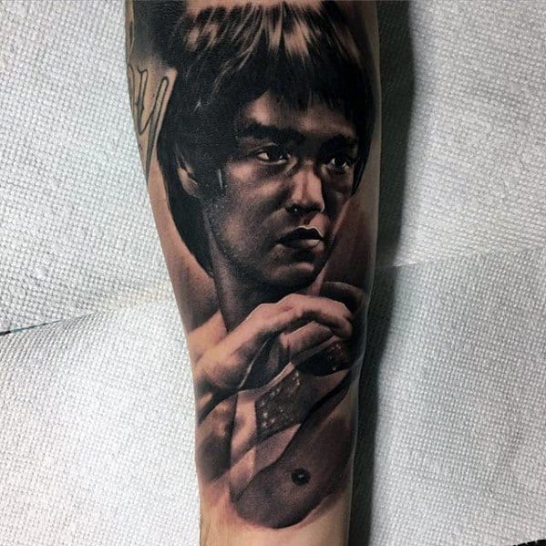 Male Bruce Lee Forearm Sleeve Tattoo Ideas