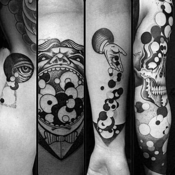 Surreal black and white tattoos with circles and lines, featuring motifs like an eye, mouth, hand, and skull, using dotwork and bold shading.