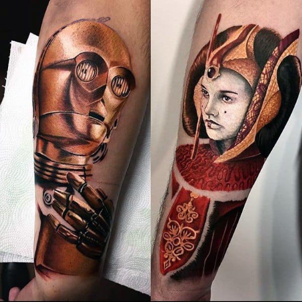 Hyper-realistic Star Wars tattoo featuring C-3PO and Queen Amidala, showcasing intricate details, rich shading, and lifelike textures.