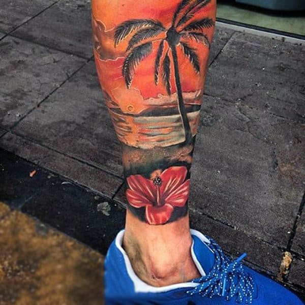 Male Calf Sunset Tattoo With Palm Tree And Ocean