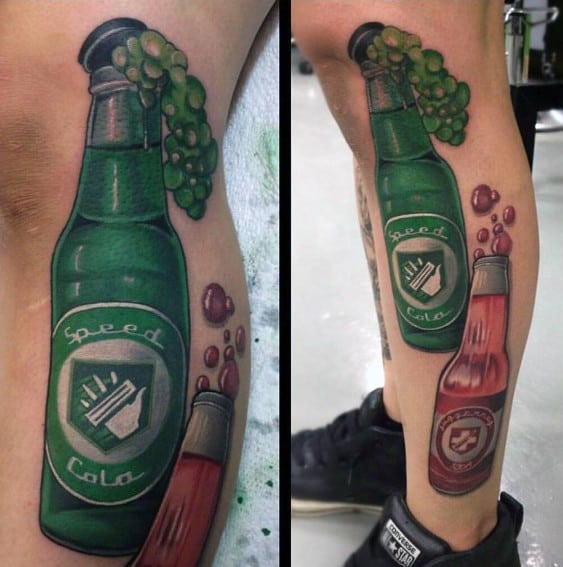 Vibrant Call of Duty Perk-a-Cola tattoo featuring Speed Cola and Jugger-Nog bottles with dynamic bubbles and rich green and red hues.