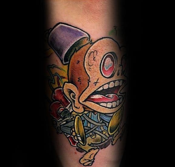 Colorful Call of Duty Monkey Bomb tattoo featuring bold outlines, fiery details, and a dynamic cartoon-style explosion for a vibrant look.