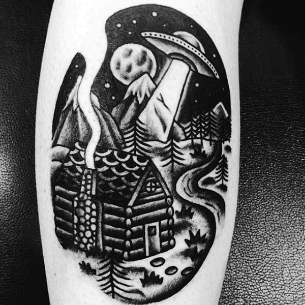 Male Calves Amazing Ufo Over Cozy House Tattoo
