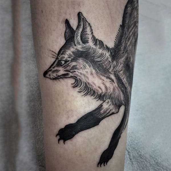 Male Calves Black Haired Fox Tattoo